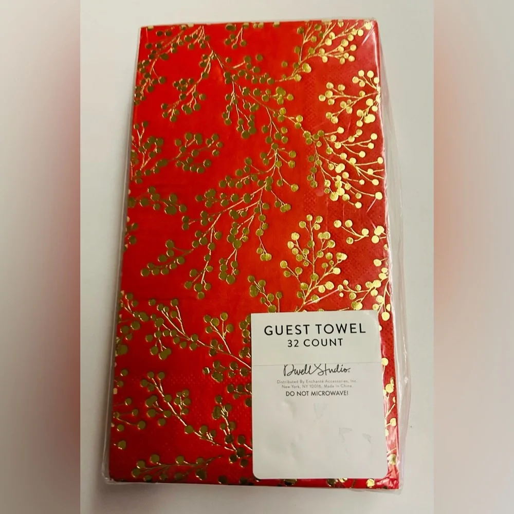 New 32 Guest Towels Red and Gold Foil Flowers Dwell Studios